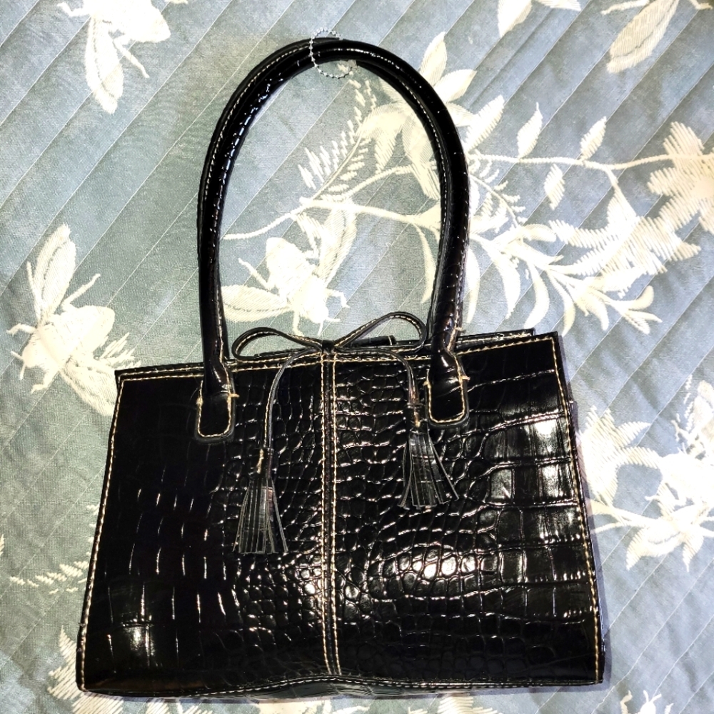 Liz Claiborne BREAKFAST AT TIFFANY  Black Faux Crocodile Mini Accessory Purse